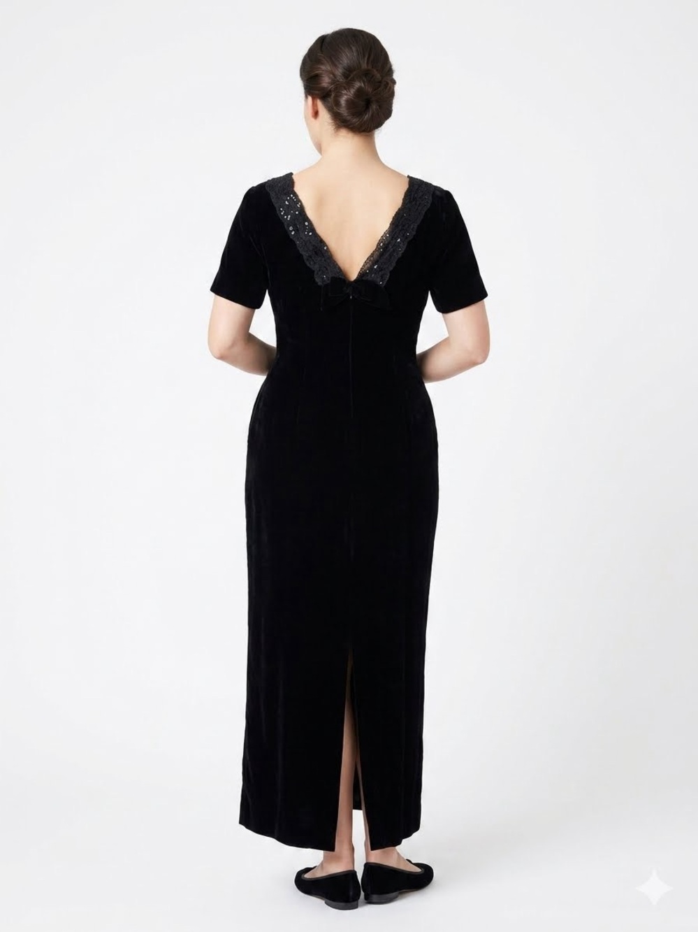 Vintage 90s Gothic Velvet Midi Dress Lace Back Bow Detail Whimsigoth LBD 24